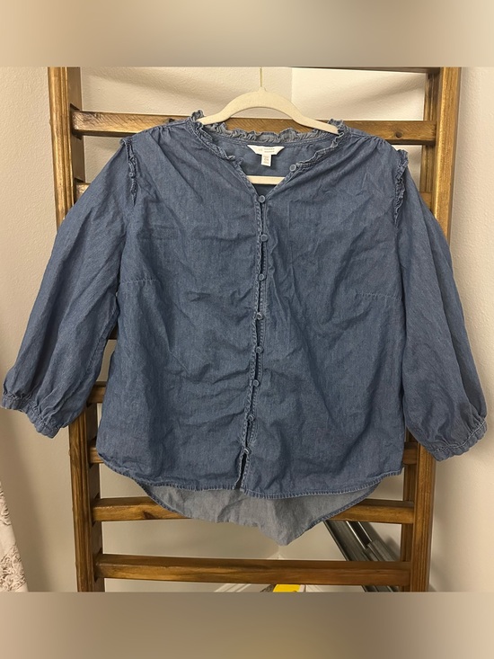 LC Lauren Conrad Tops - LC Lauren Conrad Chambray Blue Ruffle-Trim Blouse